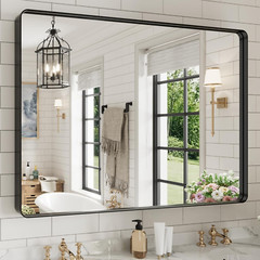 Matte Black Rectangular Wall Mirror 48×40 Inch with Rounded Corners, Anti-Rust