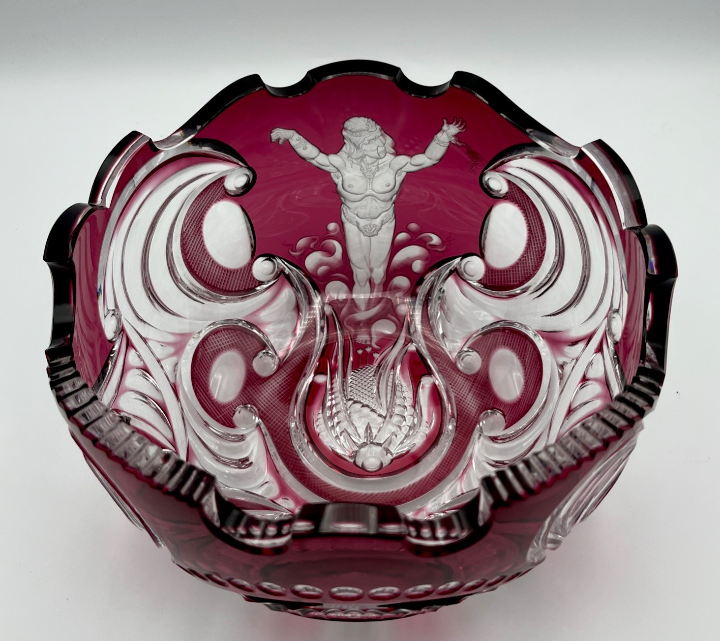 Varga Ruby Cut Crystal Bowl Neptune Rising Mythological Art Glass, Hungary gallery