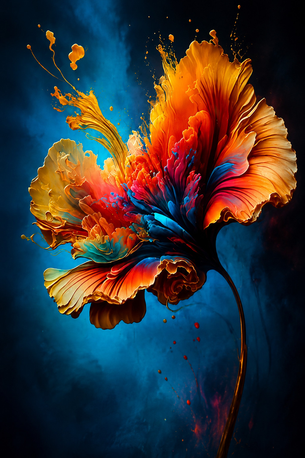 Abstract Floral Explosion Canvas Wall Art, Vibrant Blue Orange Flower Painting, gallery