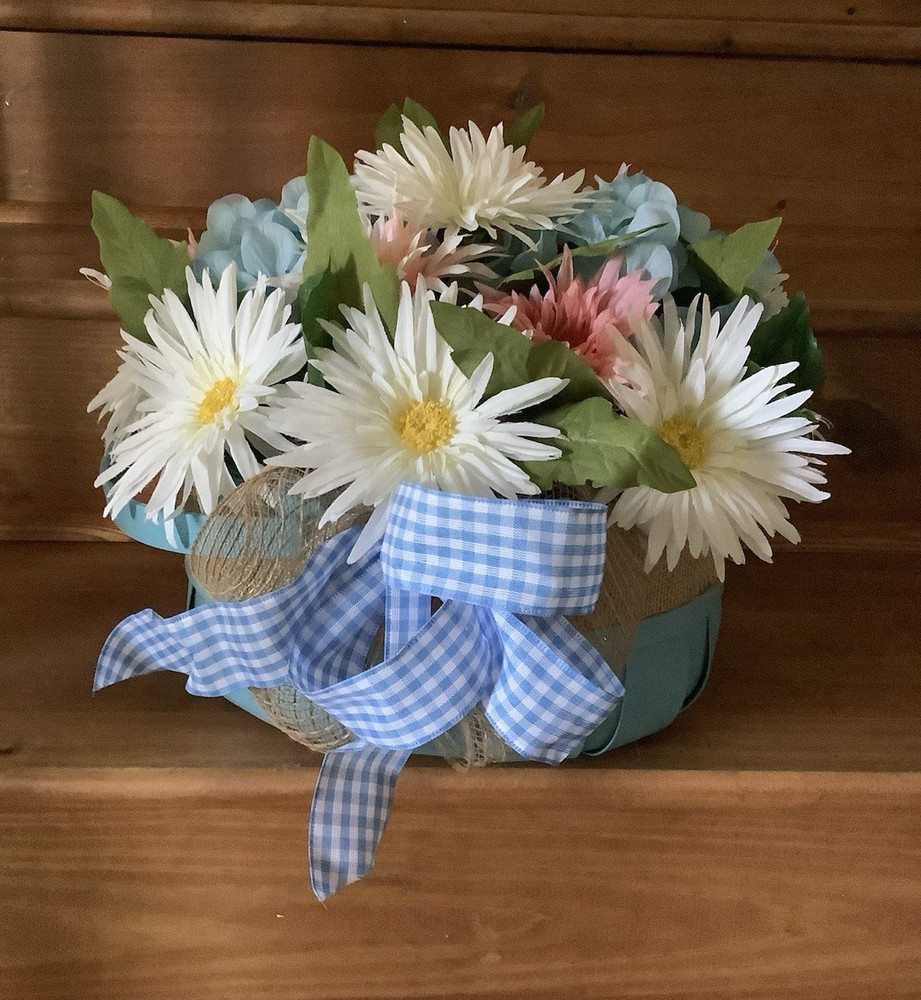 Artificial Daisy & Hydrangea Arrangement in Blue Basket, Floral