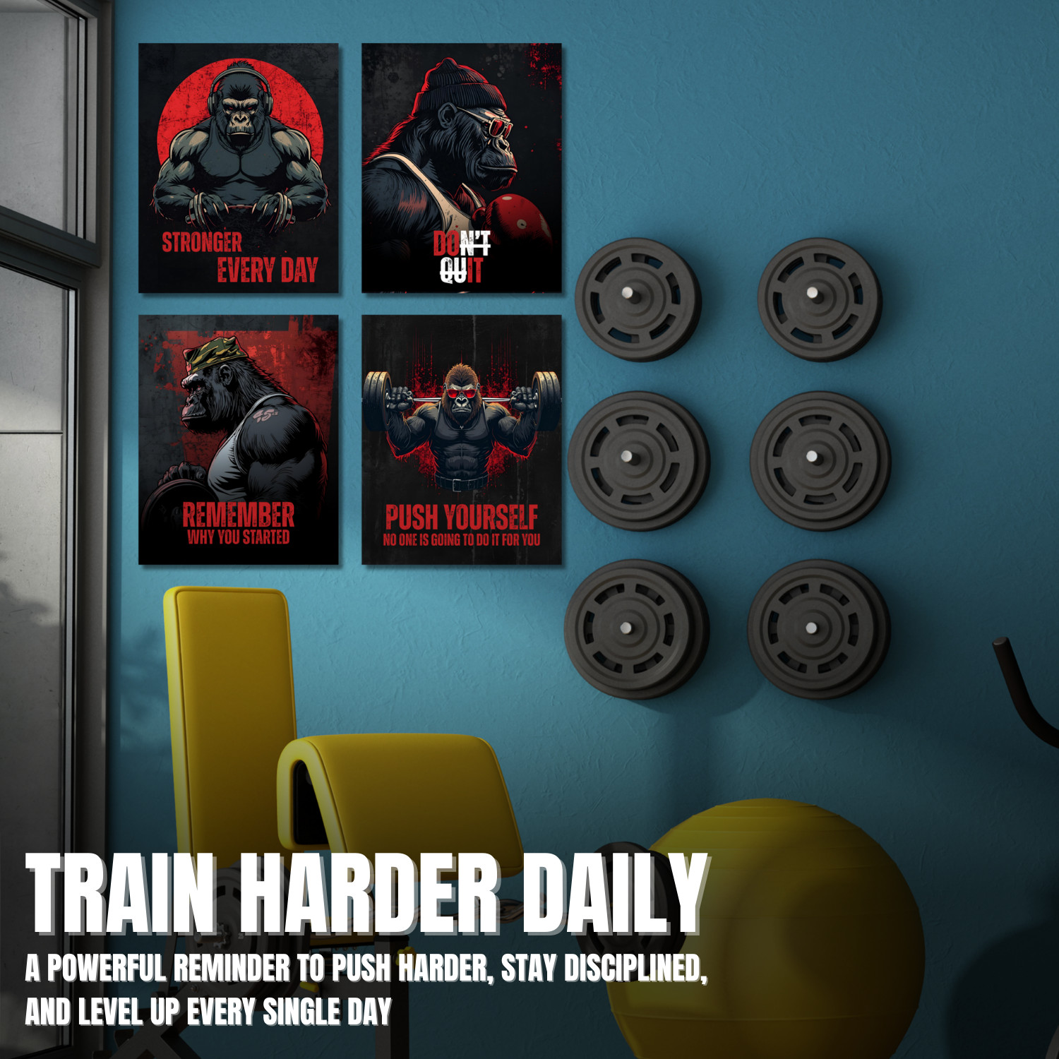 Motivational Gorilla Gym Poster Set Workout Wall Art Print for Home Fitness Room gallery