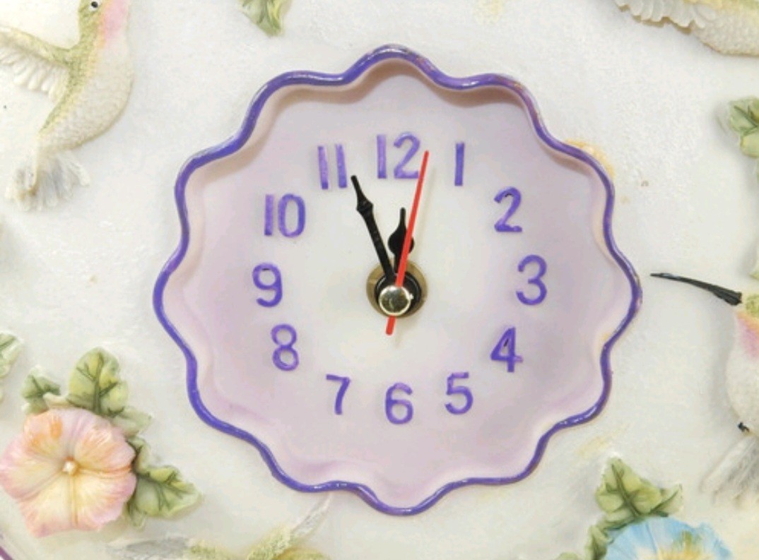 Hummingbirds Clock 8” Round 3D Polystone Flowers Wall Decor Painted Whimsical gallery