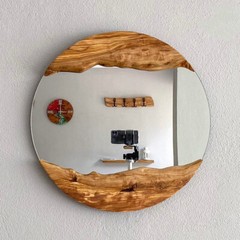 Made to Order, Olive Designer Round Shaped Live Edge Wood Wall Mirror, Frame