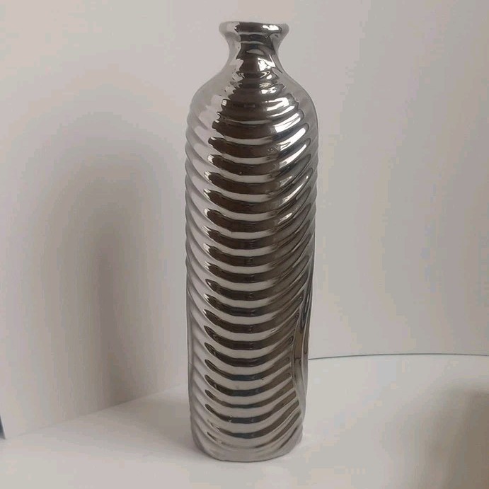 Modern Ceramic Pottery Vase Cylinder Bottle Metallic Silver Chrome 11.5"H gallery