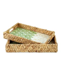 Rectangular Water Hyacinth Tray with Mother of Pearl Inlay Wooden Set of 2