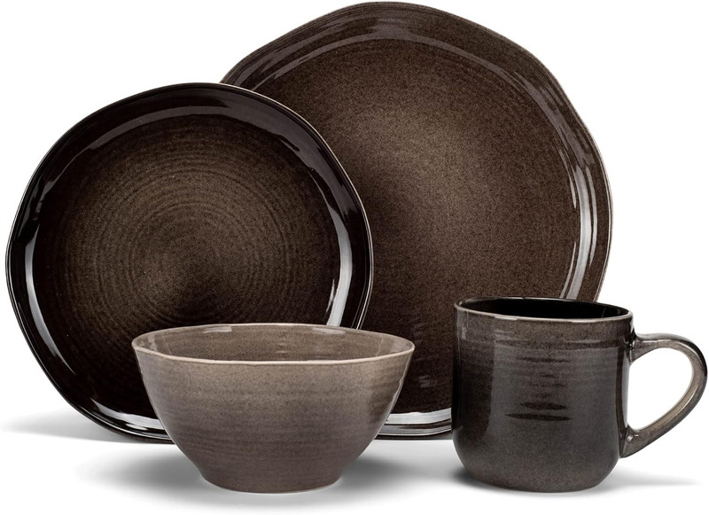 Rustic Boho 16-Piece Ceramic Dinnerware Set - Mocha Grey Ombre for 4 gallery