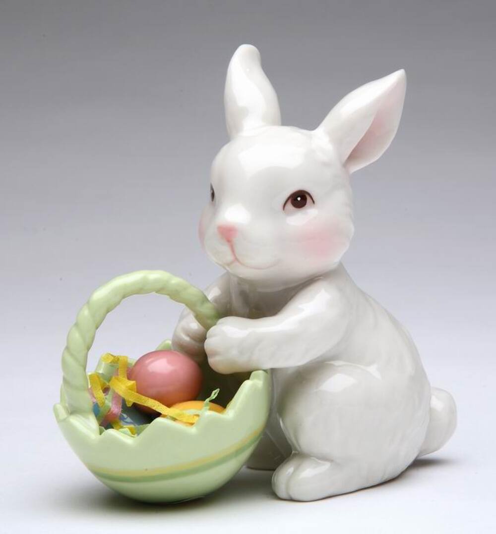 Ceramic Bunny Rabbit With Easter Egg Basket Figurine, Home Décor, Gift for Her, gallery