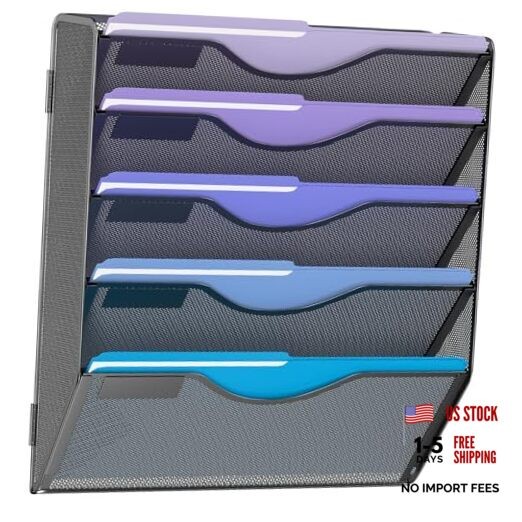 5 Tier Hanging Wall File Organizer, Mesh Mail Paper Orgnization 5-T Black gallery