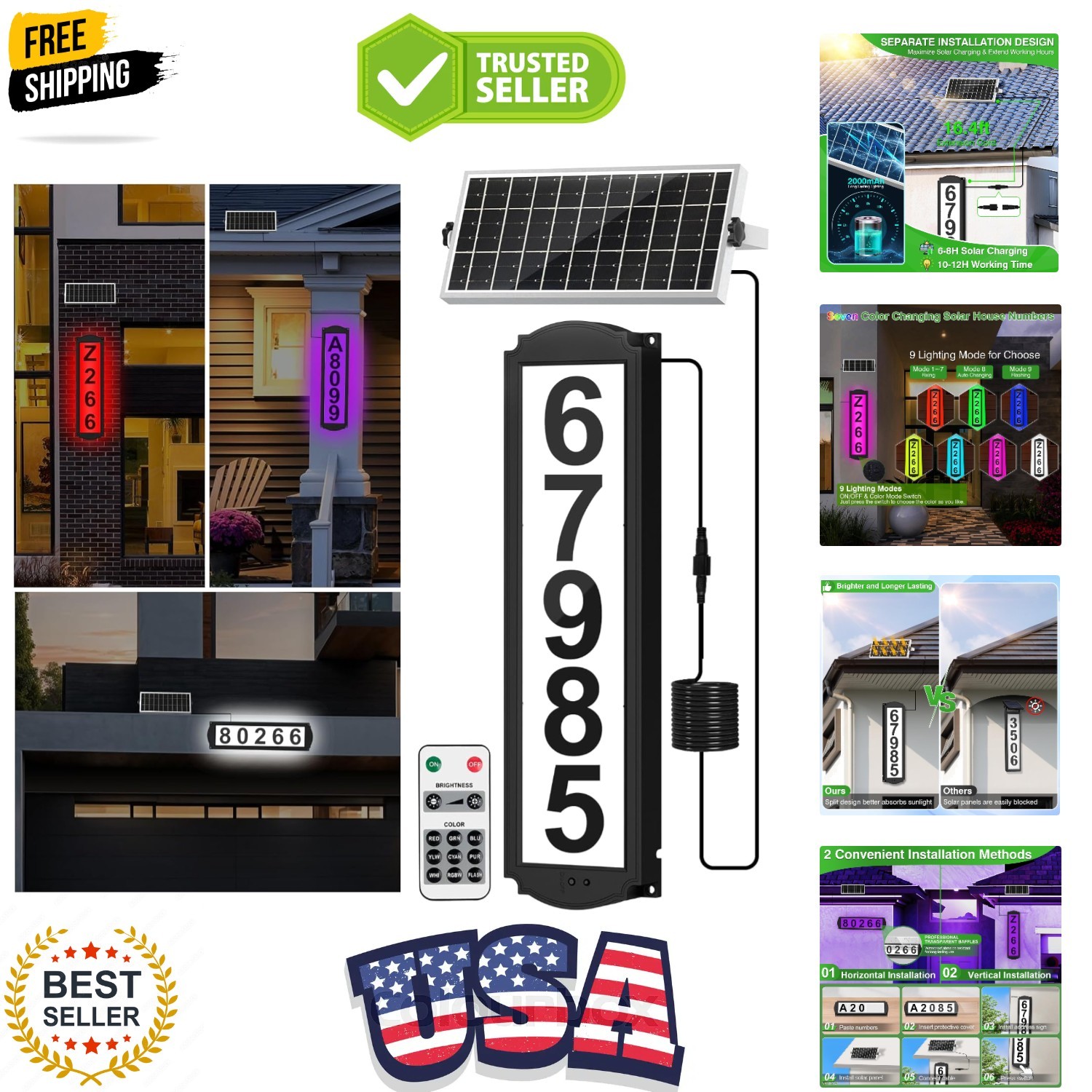 Solar House Numbers with Separate Panel, Waterproof LED Illuminated Address ... gallery