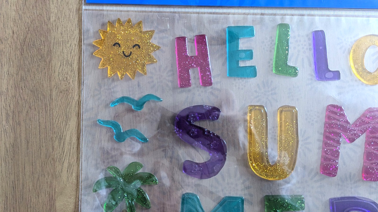 Hello Summer Colorful Window Gel Clings Stickers text palm tree bird sun decor gallery
