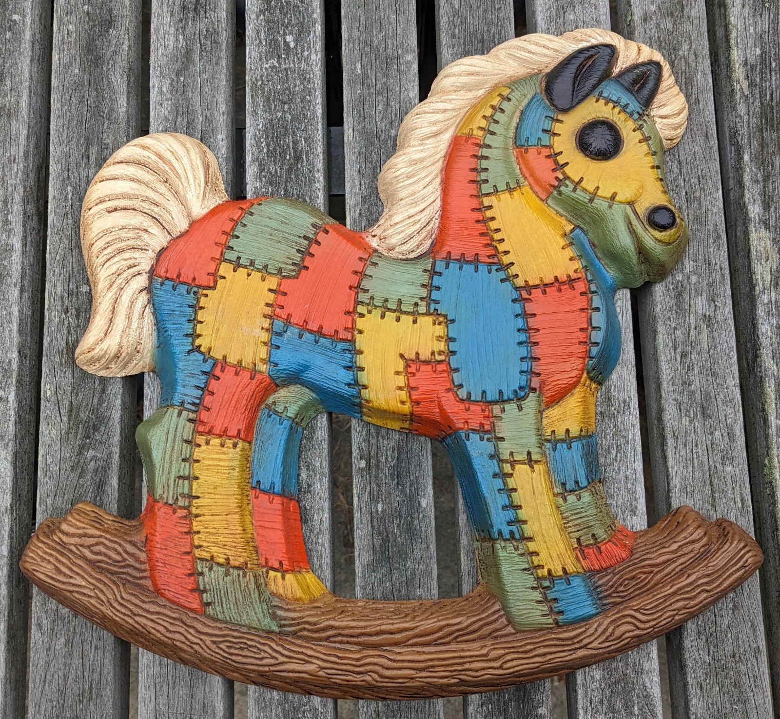 Vtg Rocking Horse Multi Color Patchwork Quilted Nursery Foam Wallcraft Hanging gallery