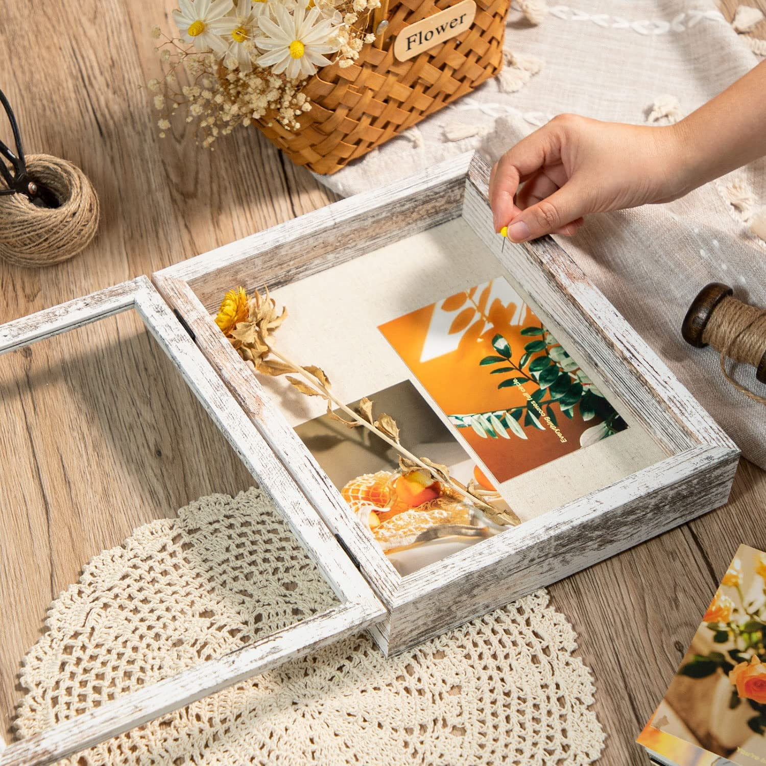Shadow Box Frame with Linen Back - Sturdy Rustic Memory 8x10 Distressed White gallery