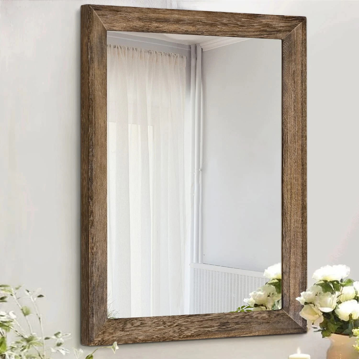 Rustic Wood Mirror Rectangle Decorative Wall Mirrors with Frame for Bedroom L gallery