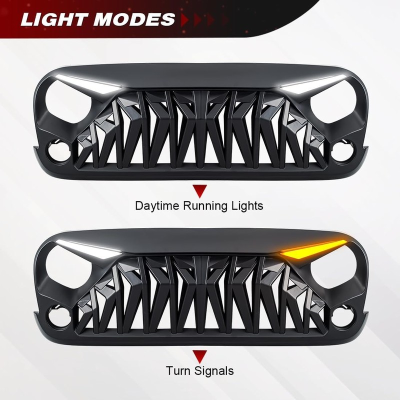 Front Grill Compatible with 2007-2018 Jeep Wrangler JK JKU, Shark Grille w/DRL T gallery