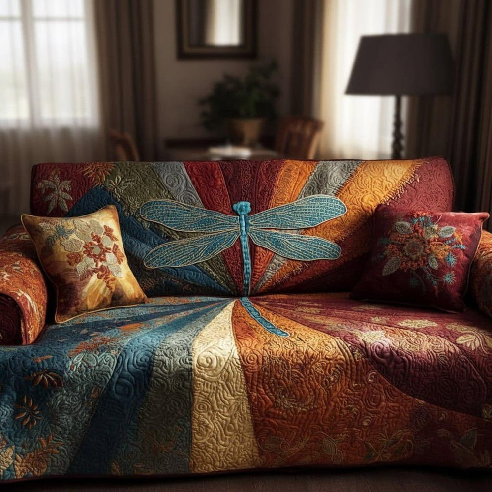 Quilted Sofa Cover Dragonfly Pattern Couch Protector Furniture Slipcover
