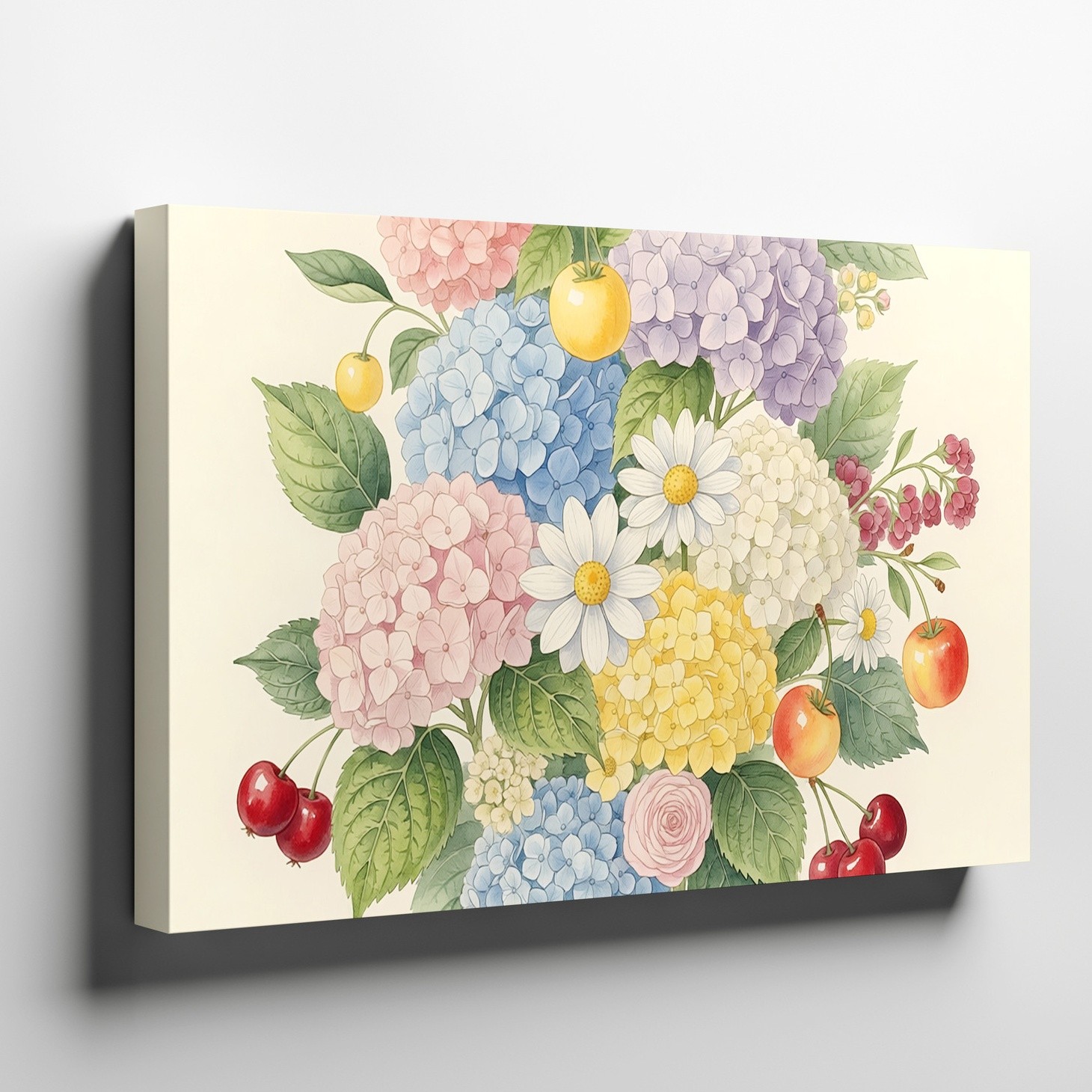 Colorful Hydrangea Daisy Cherry & Apple Floral Bouquet Canvas Wall Art Art Print gallery