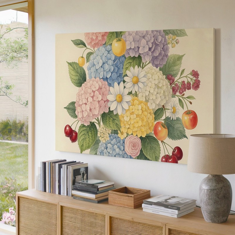 Colorful Hydrangea Daisy Cherry & Apple Floral Bouquet Canvas Wall Art Art Print gallery