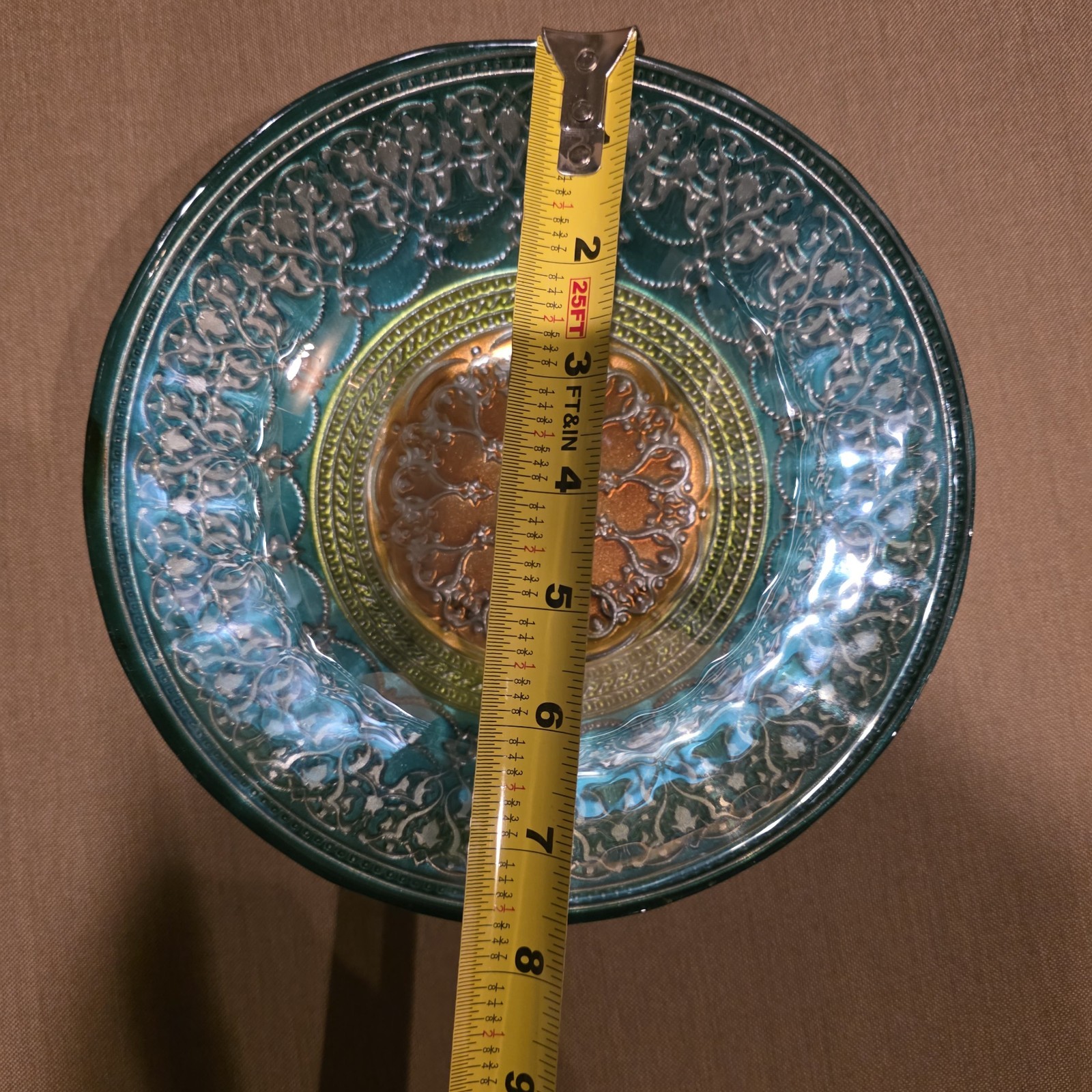 Topkapi Turkish Bowl Reverse Painted Teal Orange Silver Gold 7.5" gallery