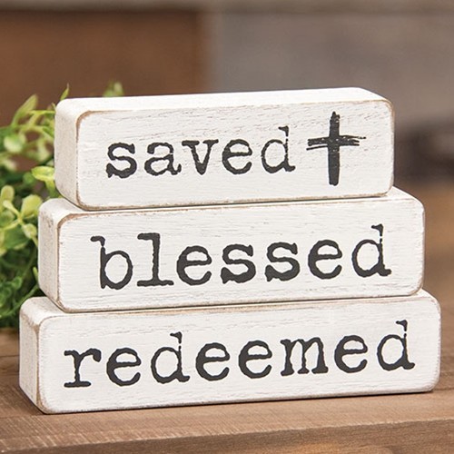New PRIMITIVE SAVED BLESSED REDEEMED Block Signs Stick 3pcs 3.5"H 5"Wx1"D Aged gallery
