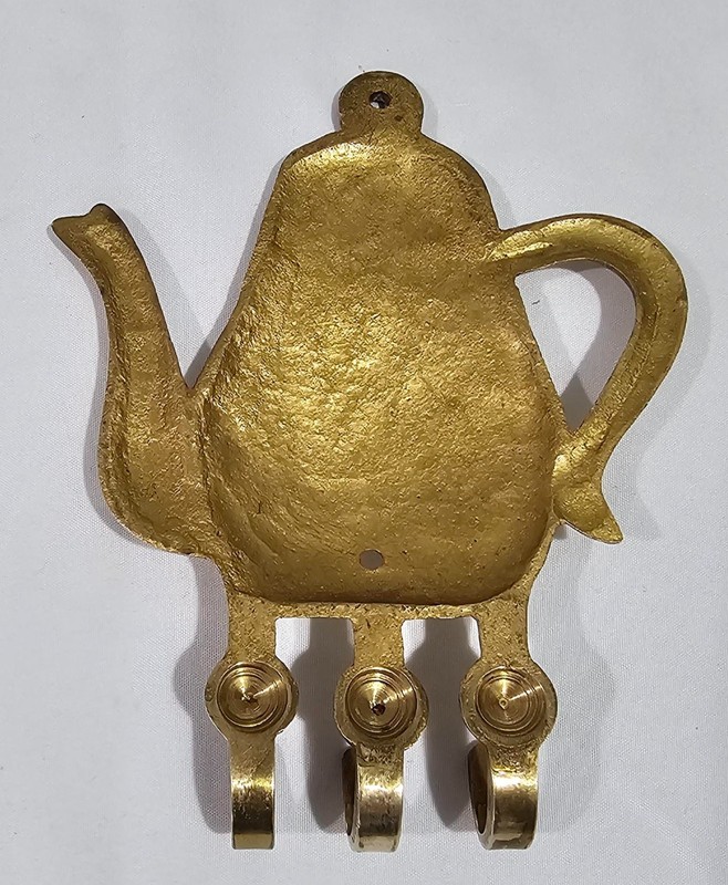 Brass Teapot Wall Hook Decorative Kitchen Key or Hotpad Holder 3 Hooks Vintage gallery