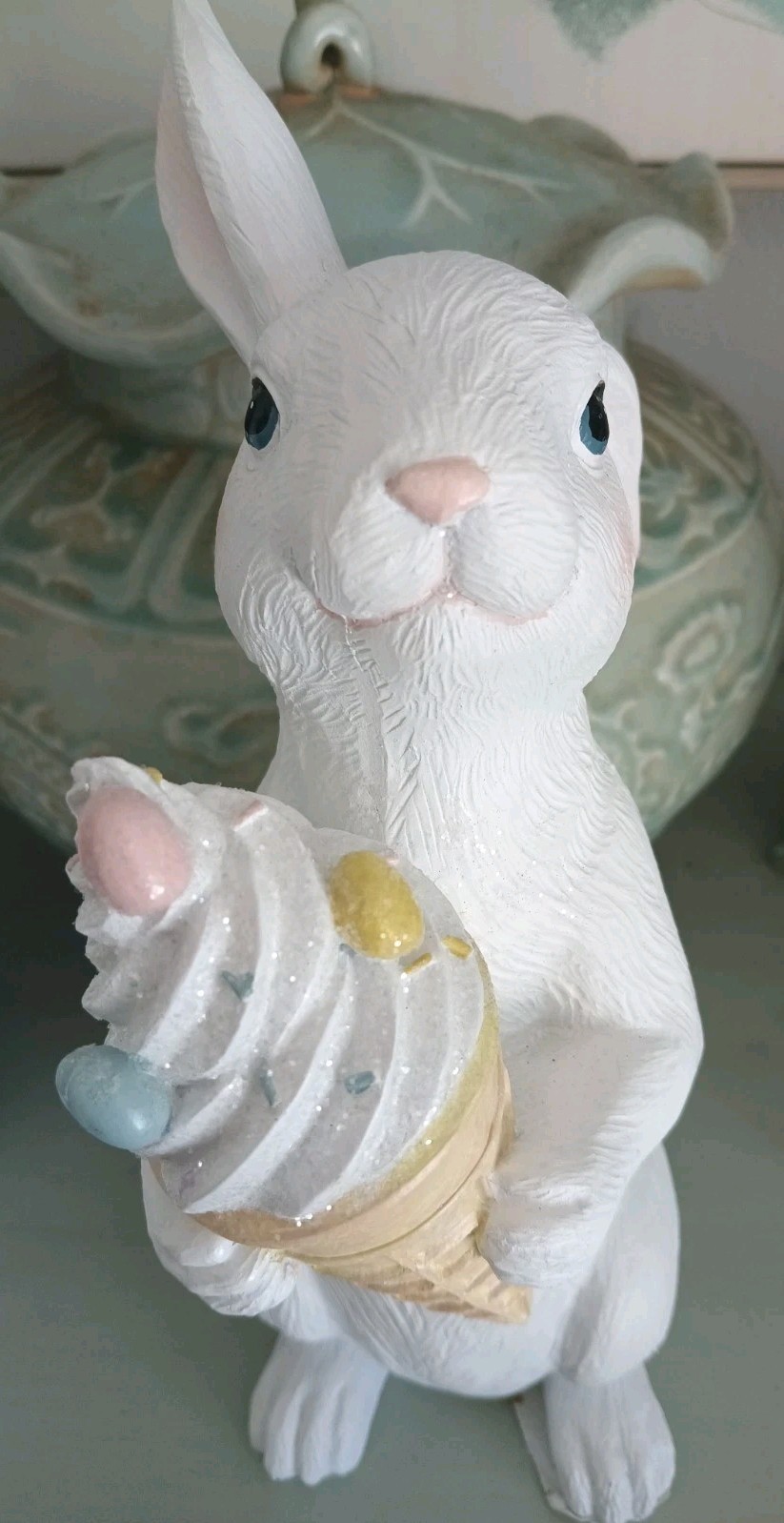 White Bunny Rabbit Holding Ice Cream Figurine - Easter Decor -5" x 13"H gallery
