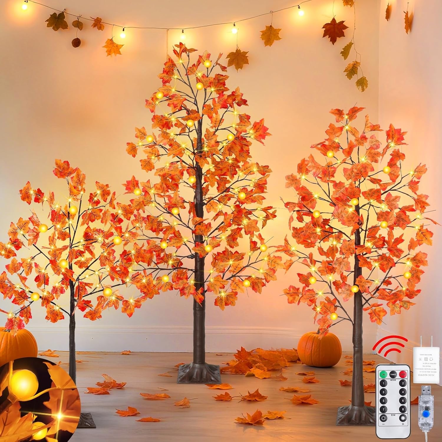 8 Modes & Remote - 3 Pack Lighted Fall Tree (4FT, 5FT, 6FT) with 240 Warm White gallery