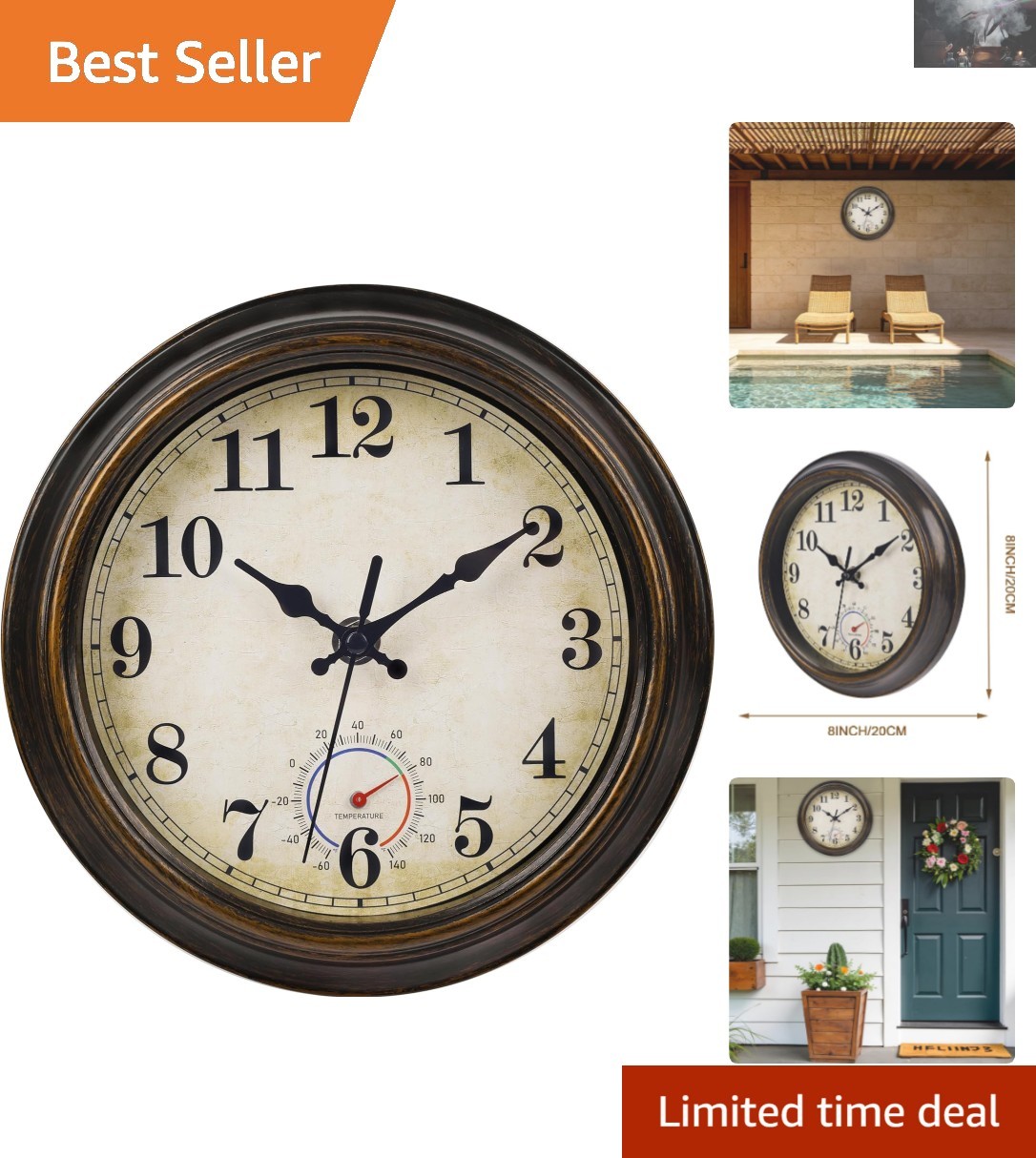 8-Inch Vintage Rustic Waterproof Outdoor Clock with Thermometer - Bronze Charm gallery