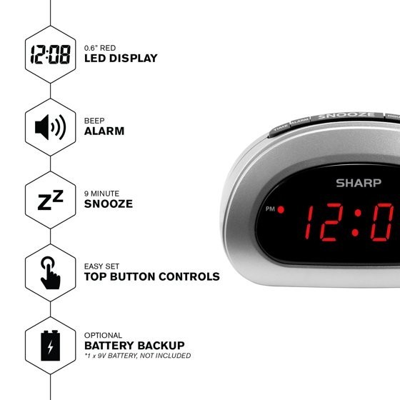 Digital Sharp Alarm Clock, Cosmic Silver, Easy to Set Controls, Red LED Display gallery