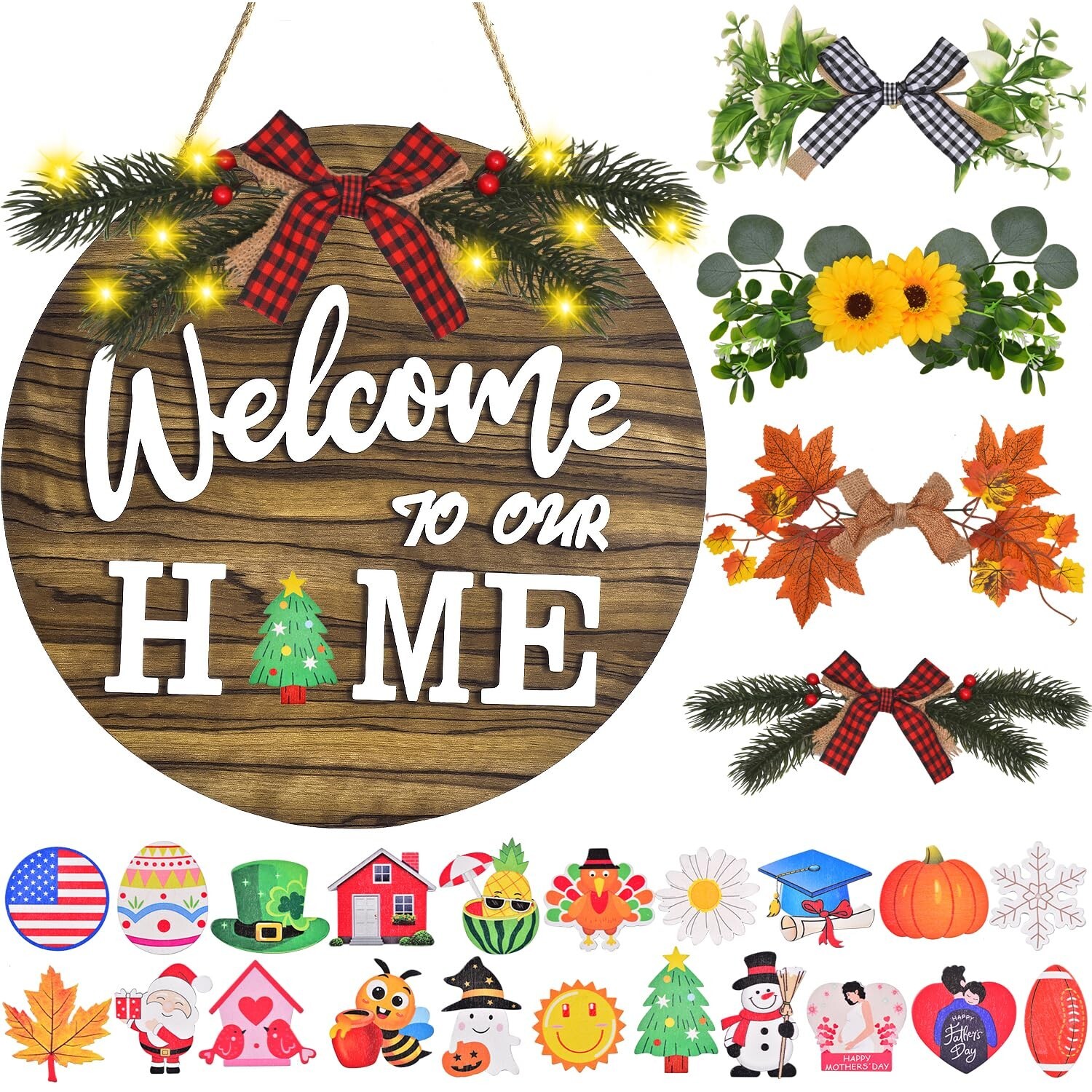 Interchangeable Welcome Home Sign, Front Door Decor With 4 Seasonal Wreaths a... gallery
