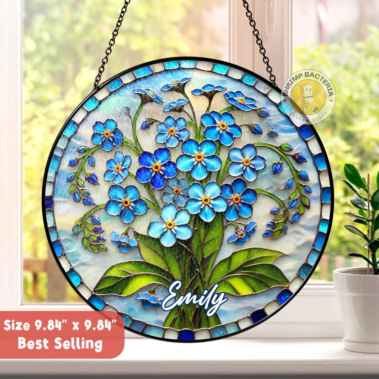 Personalized Forget Me Not Botanical Stained Glass Suncatcher gallery