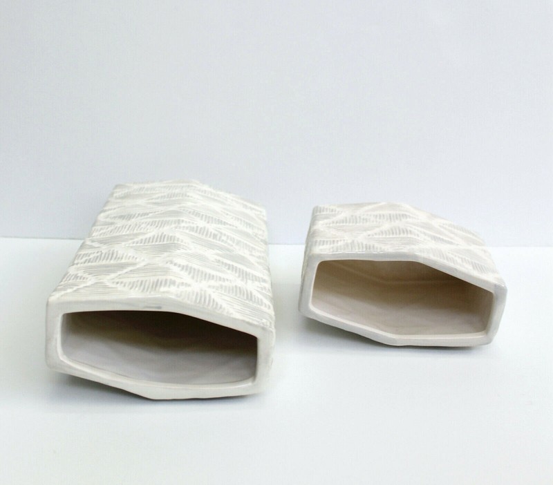 Nate Berkus Etched Ceramic Decorative Vase Set of 2 White & Gray NEW gallery