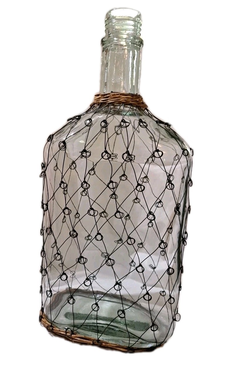 Large Wire & Rattan Wrapped Clear Decorative Glass Bottle 18"x9" Coastal Heavy gallery