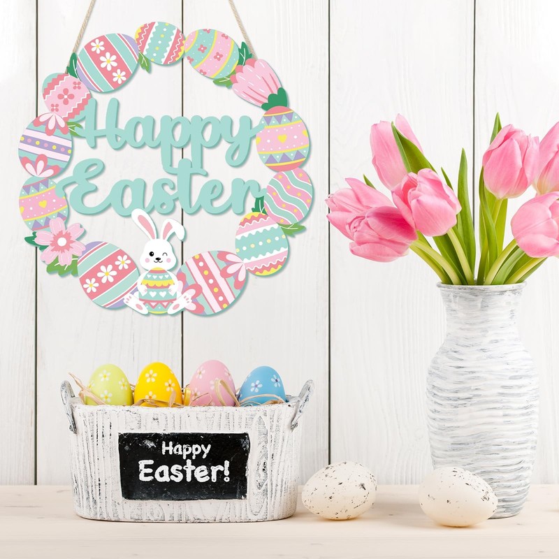 Happy Easter Decorations Sign, Bunny Eggs Wood Wreath for Front Door Porch Wi... gallery