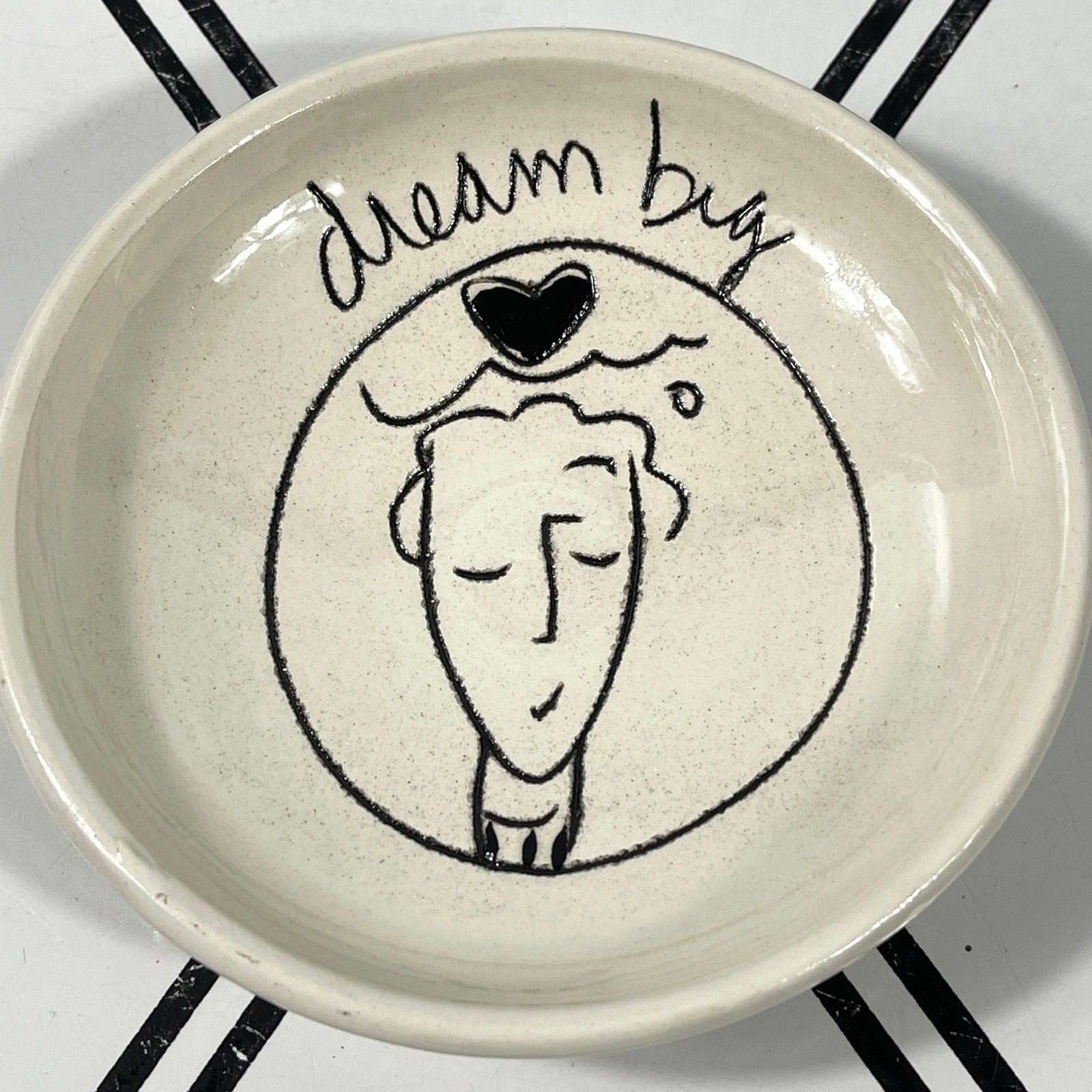 Handmade Signed Ceramic Trinket Dish Dream Big Face Heart Black Art Small Bowl gallery