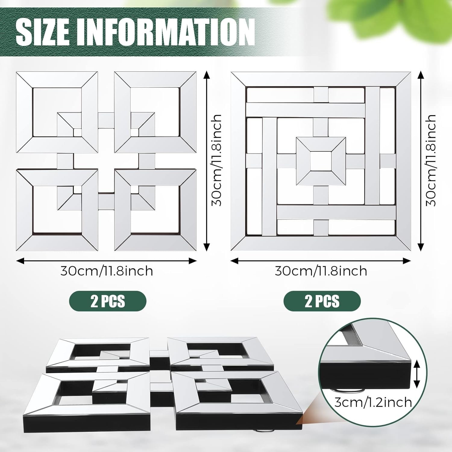 4 Pcs Silver Mirrors Wall Decor 1.2 Inch Thick Wall Mount Decorative Square gallery