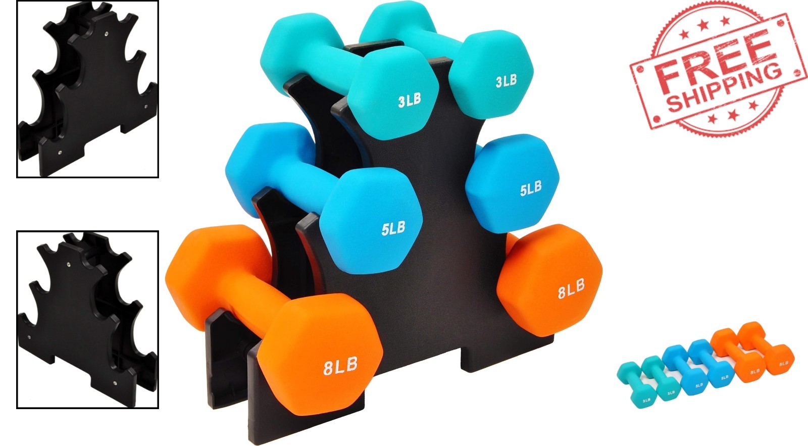 Colored Neoprene Dumbbell Set with Stand - 3, 5, and 8 lbs for Home Training gallery