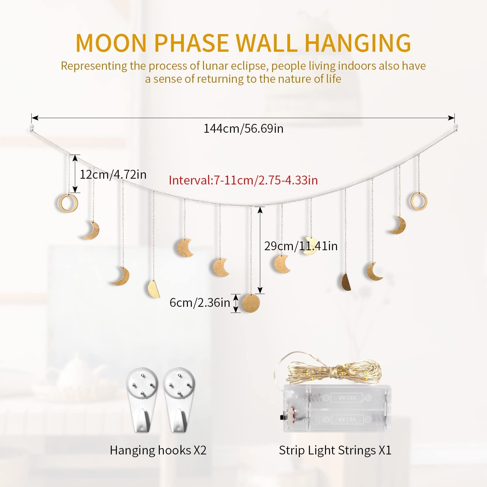 Moon Phase Wall Decor with LED String Light, 13 Gold Wood Boho Wall Hanging D... gallery