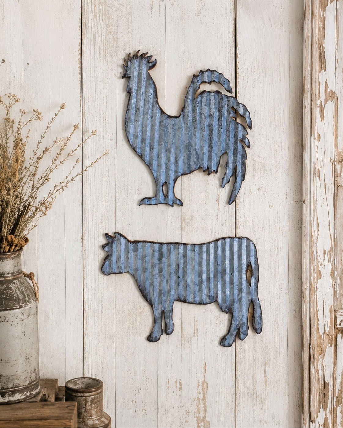 Rustic Corrugated Metal Rooster Cow Wall Art Farmhouse Barn Country Decor Set gallery