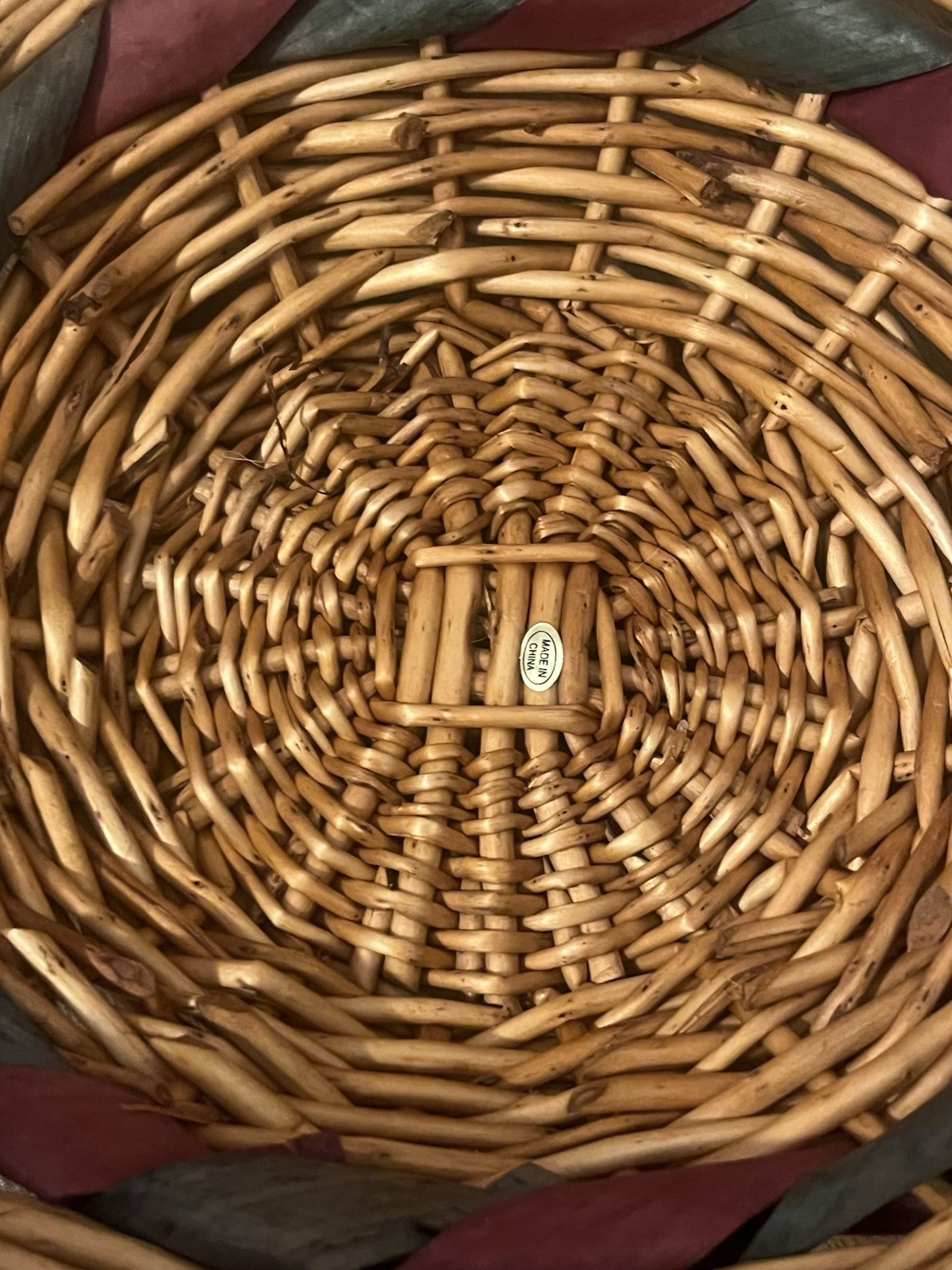 Round Wicker Decorative Basket w/ Handles Non-Lidded Brown Green Red 11 in gallery