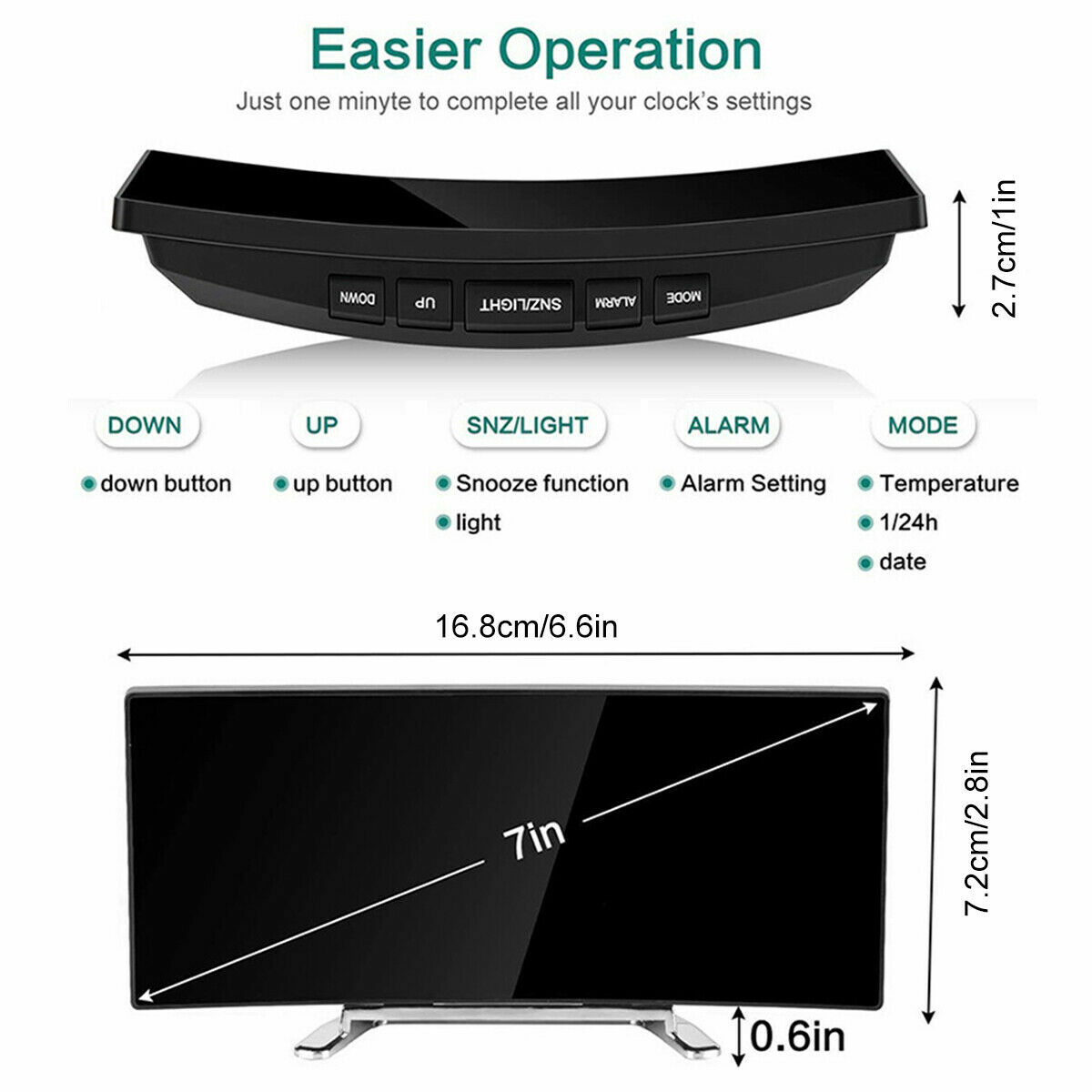 Digital Curved Screen Mirror Clock LED Display Temperature Snooze Table Alarm gallery