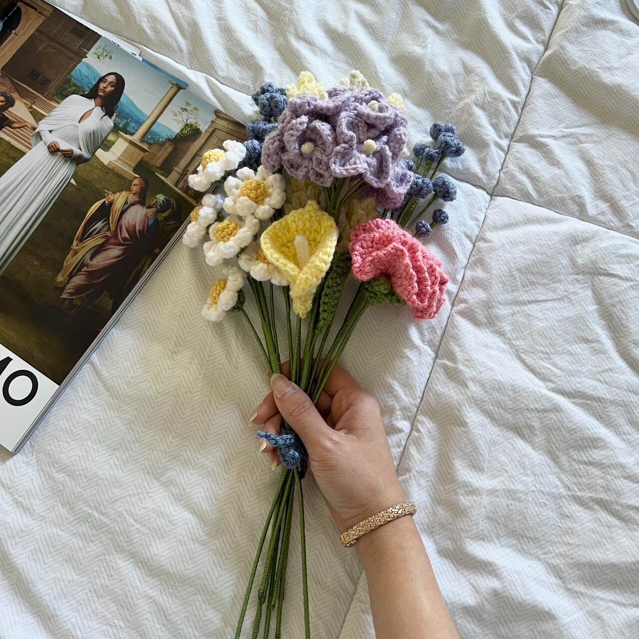 Handmade Crochet Knitted Lavender Carnation Hydrangea Lily Flower Bouquet 9 Stem gallery
