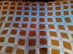 VTG Granny Square Blanket Bed throw Crotcheted 72”x 105” Approx. Gold & White