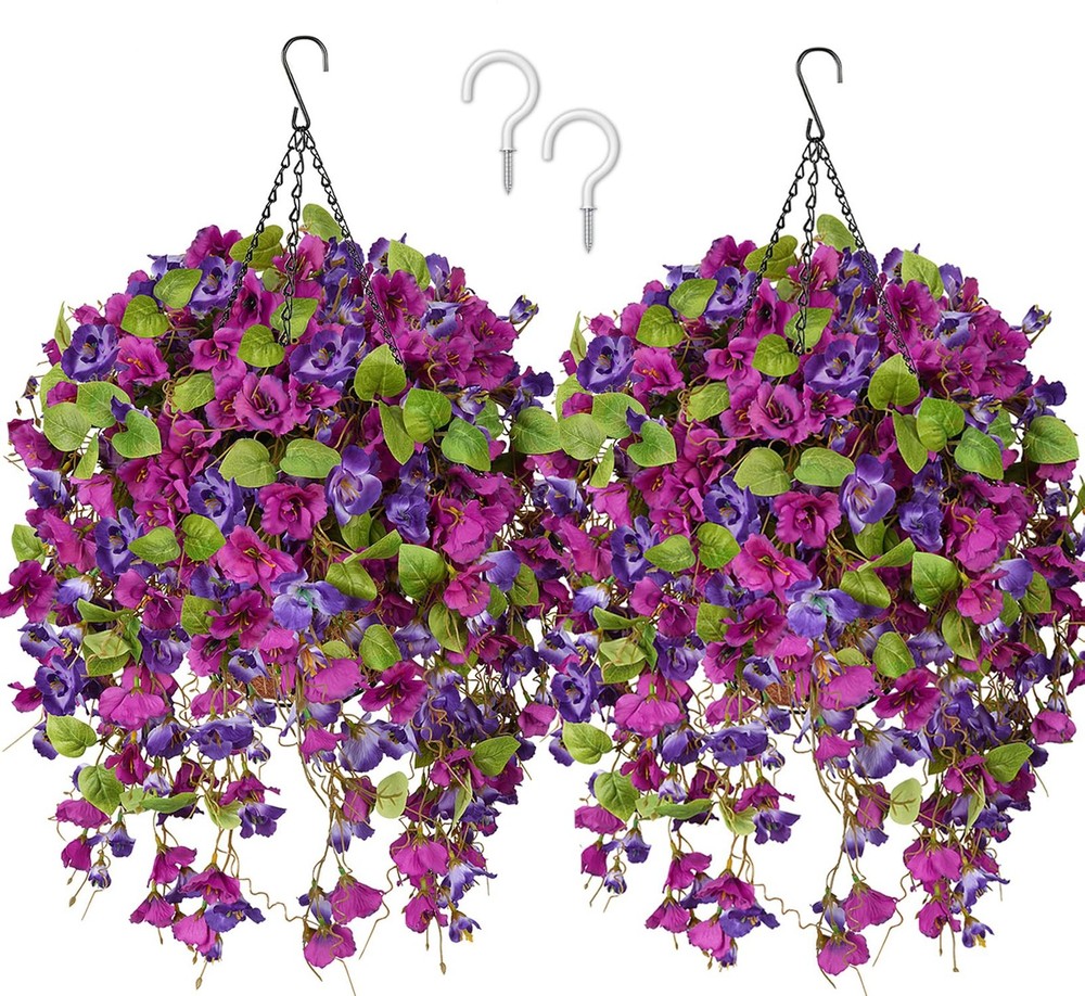 2 Set Artificial Hanging Baskets for Outdoors Faux Hibiscus Flowers Spring Fake