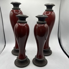 Elegant Red Ceramic Candlesticks Bronze Tone Decor Home Accent Partylite 9” 11”