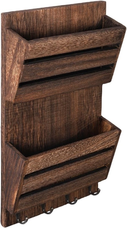 Mail Organizer Wall Mount with Key Hooks 2-Slot Wood Mail and Key Holder for ... gallery