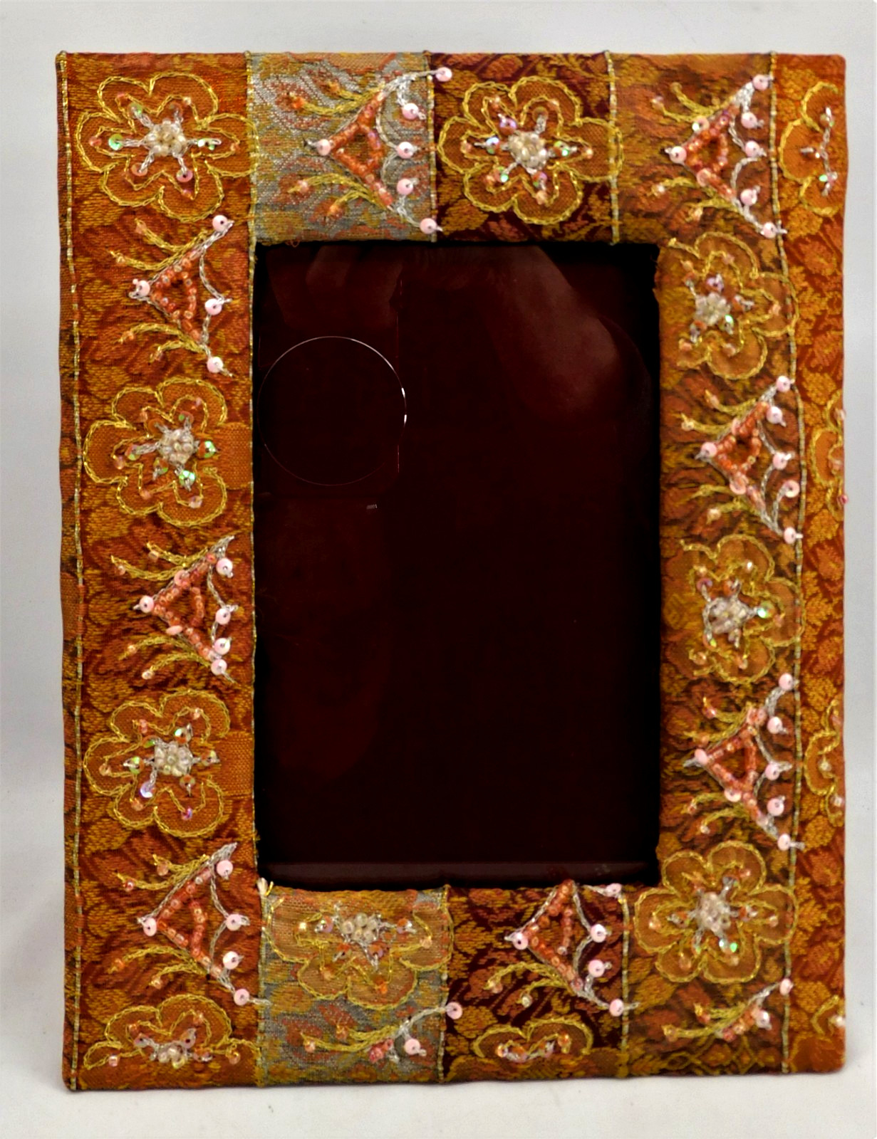 Beaded Embroidered Picture Frame Fabric Boho Gold Thread Seed Bead 4"x6" Picture gallery