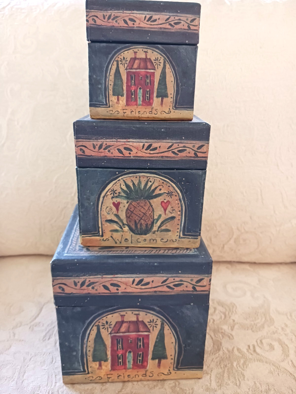 Bob’s Boxes Primitive Welcome Friends Folk Art Nesting Boxes Susan Winget w Lang gallery