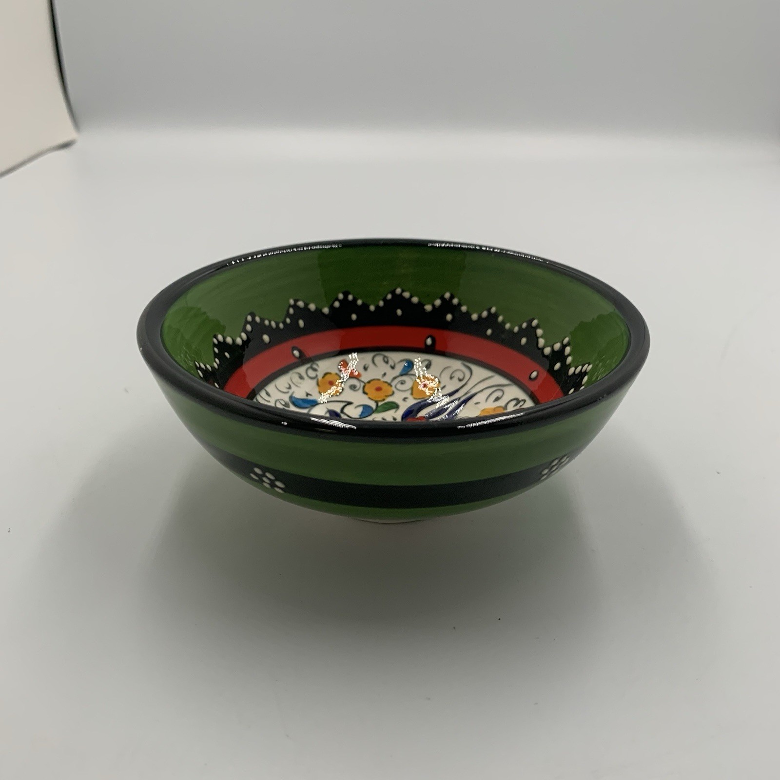 Turkish Handmade Ceramic Green Multicolor Floral Small Bowl gallery