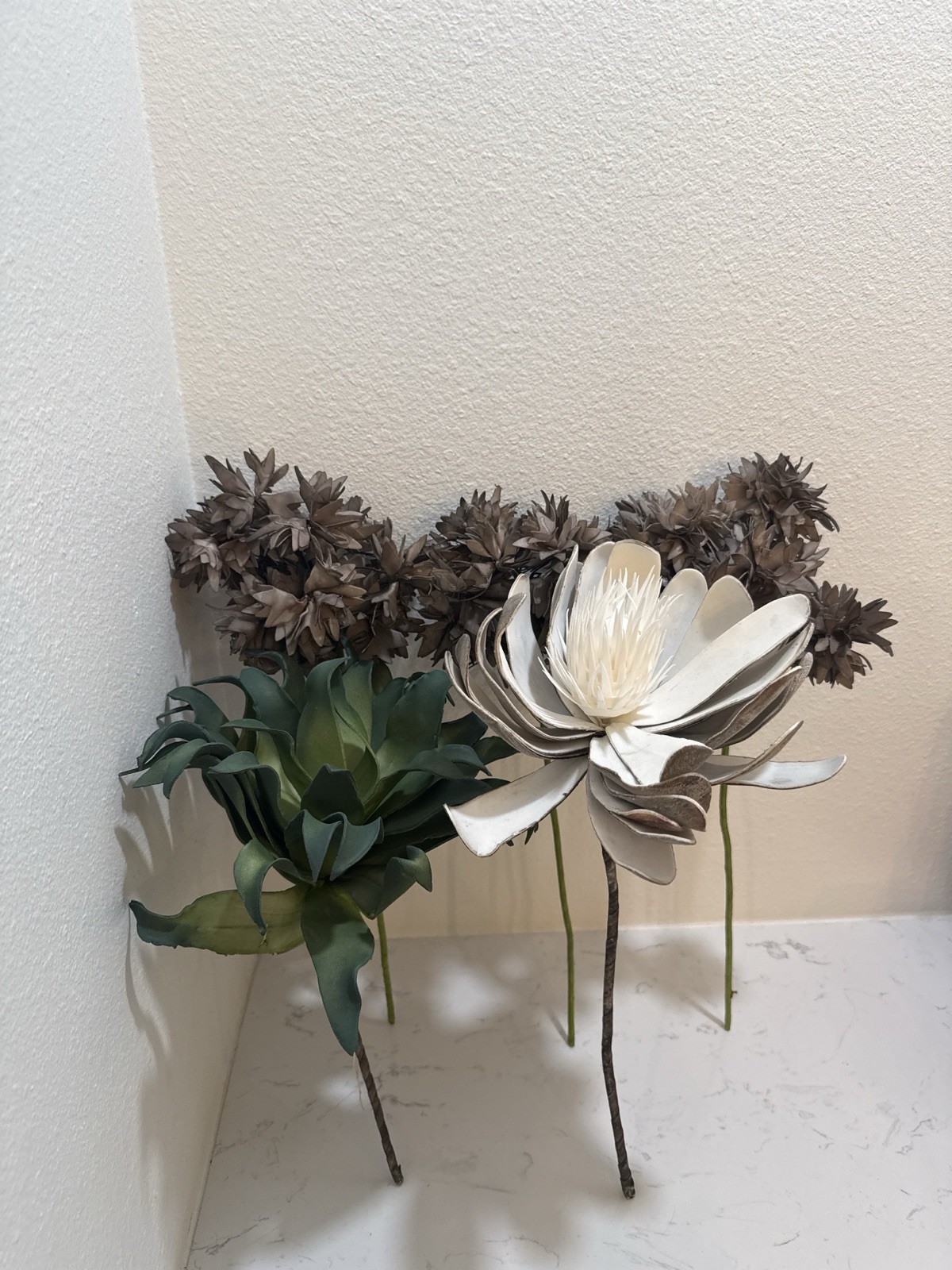 Lot 5 Artificial Flower Stems Rustic Brown White Green Floral Decor 10-15” gallery