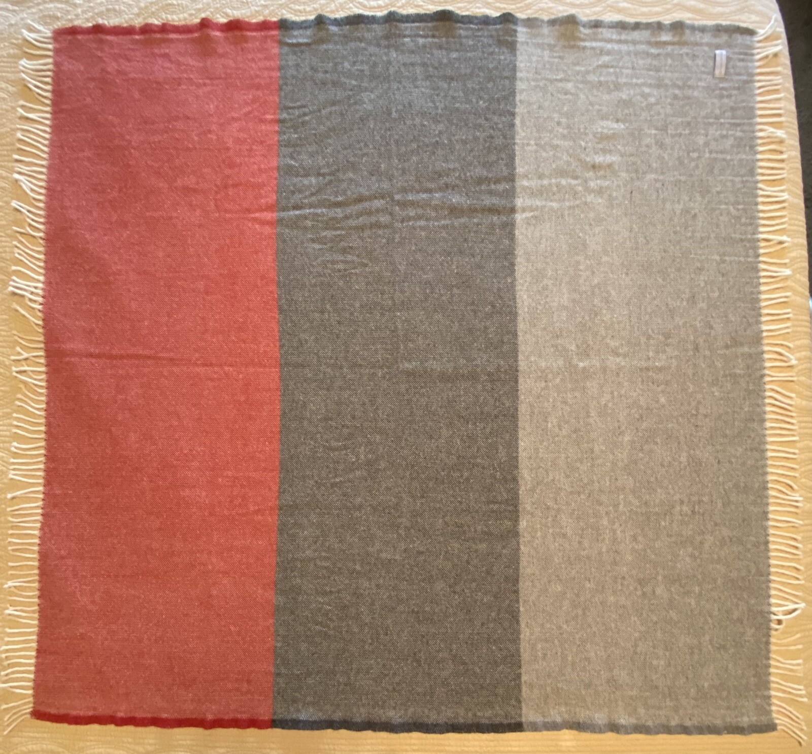 Cannon River 100% Wool Throw Handcrafted in USA Gray Red Cream Fringe 48” X 49” gallery